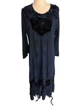Magic Womens Embroidered Velvet Angel Sleeve Maxi Dress OS Blue Rayon Vintage